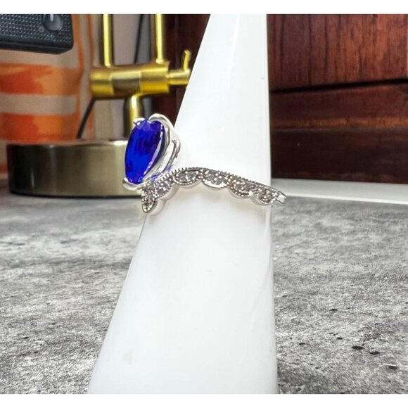 Ring Bomb Party Ring, size 6, Blue gemstone silver color band CZ looking mini st - Picture 2 of 5
